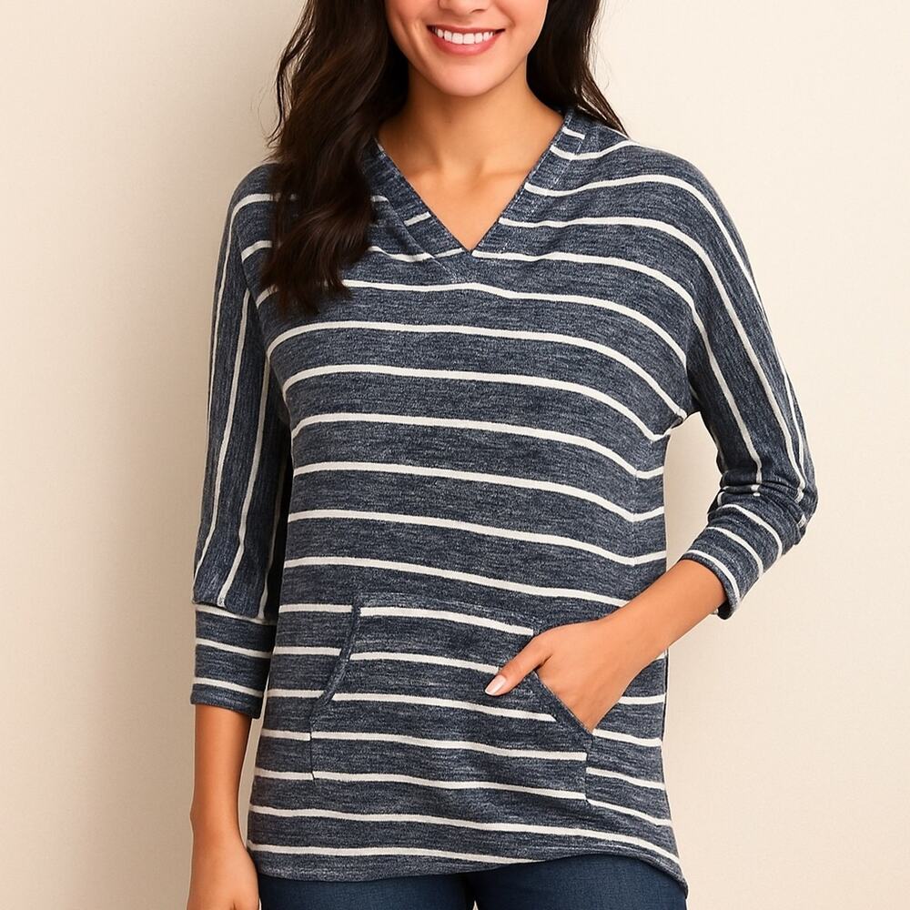 Market & Spruce Navy White Striped Hooded Pullover Tunic | Size L